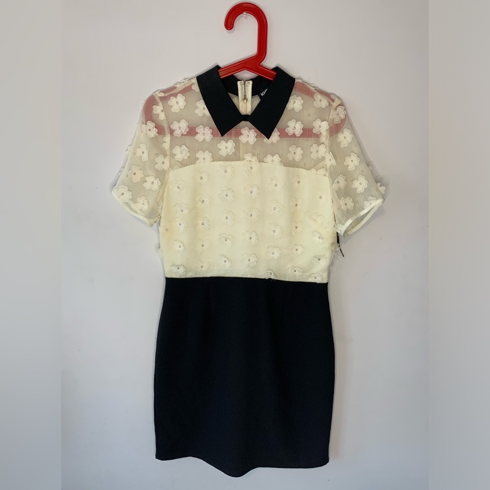 Karl Lagerfeld Womens Floral Applique Short Sleeves Sheath Dress Cream Size 8